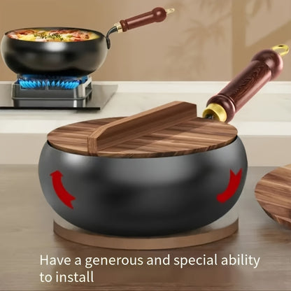 Professional Handmade Cast Iron Dutch Wok - Uncoated, Wooden Lid, Multi-Purpose Wok, Frying Pan Stock Pot Anti-Splatter Oven & All Stove Compatible Durable, Even Heating for Healthy