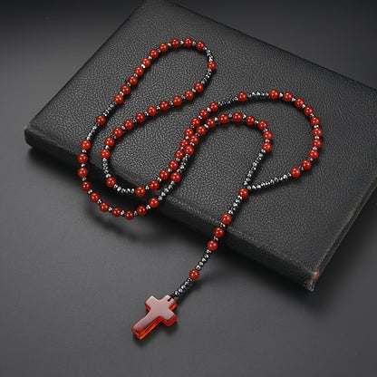 Natural Stone Round Beads - Pink Quartz, Map Stone, Sage Stone, Red Agate Beaded Cross Pendant Necklace for Men and Women, Long Chain Sweater Chain, Gift