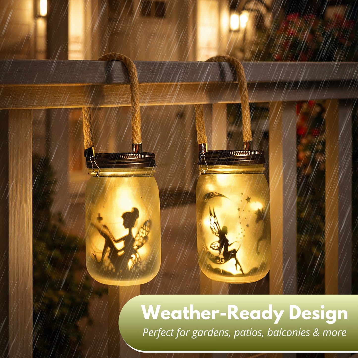 Garden Mile Solar Fairy Jar Lights Set of 2 – Hanging Solar Lantern Mason Jar Lights with Fairy Silhouette Designs, Outdoor Garden Solar Lights with Rope Handle, Decorative Fairy Garden Lanterns, 13cm