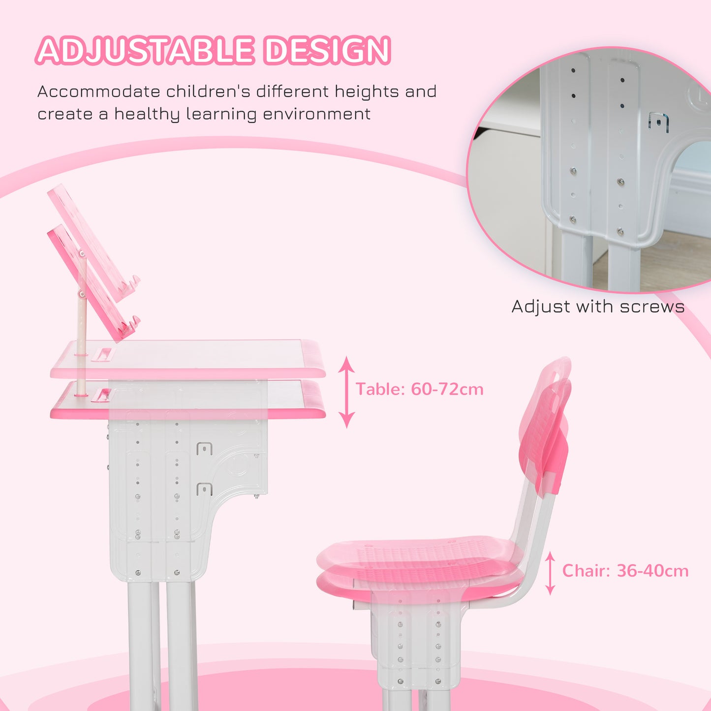 Kids Desk and Chair Set Adjustable Height Study Table Set w/Drawer, Book Stand, Pen Slot
