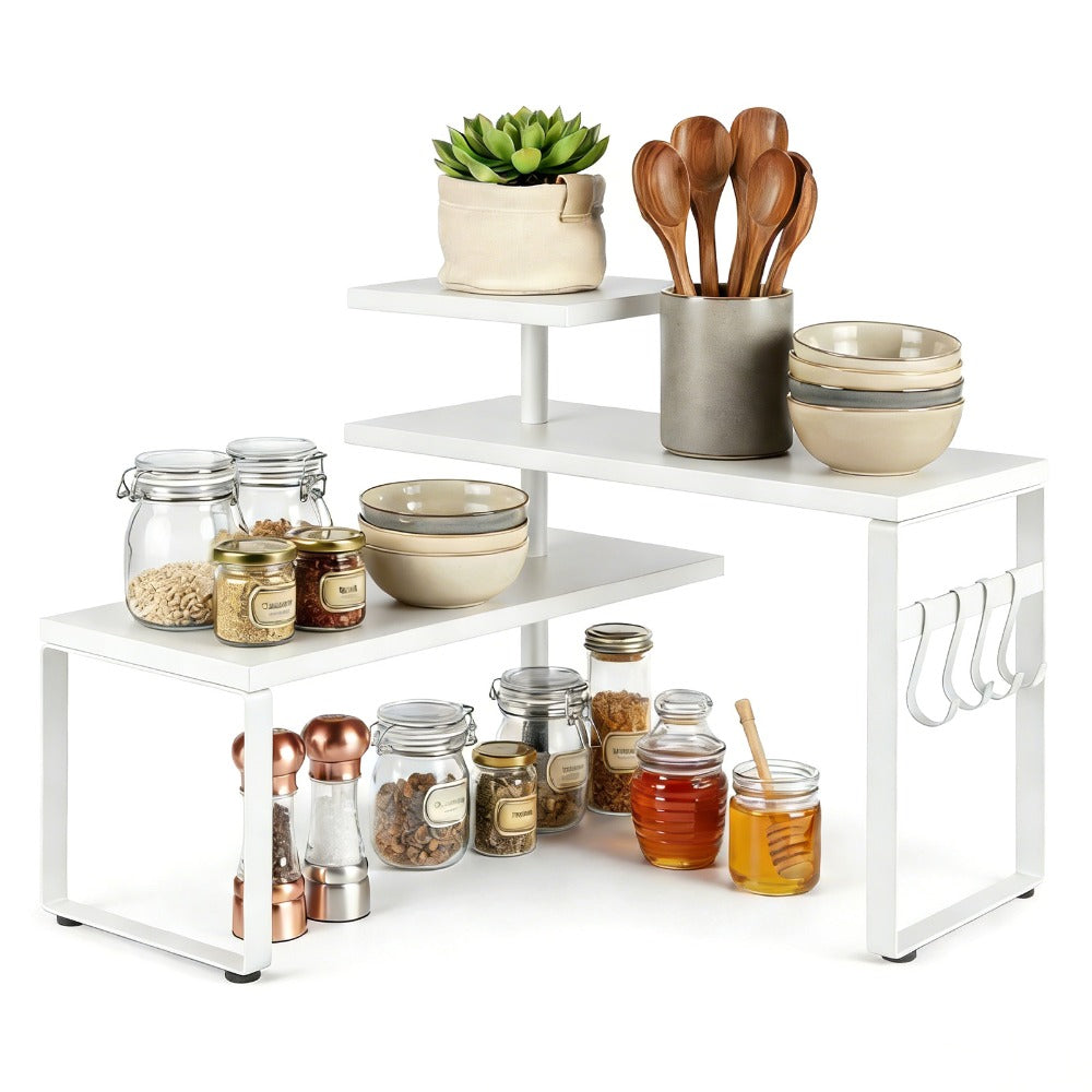 3-Tier Adjustable Countertop Organizer Spice Rack, Corner Shelf with 4 Hooks, Rustic Kitchen Counter Organizer for Coffee Bar, Bathroom, Cabinet, Desk
