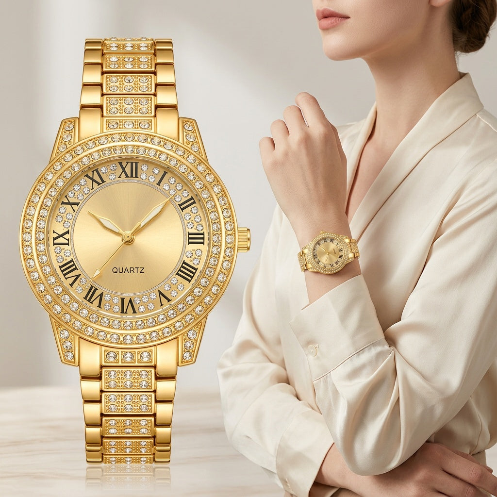 [Women's Jewelry Watch Set] 9pcs Set: Women's Fashion Elegant Quartz Jewelry Watch + 2 Sets of New Shiny Necklaces, Rings, and Earrings - Alloy Case, Quartz - Suitable for Valentine's Day, Easter, Halloween, Ramadan, Birthdays, Christmas, New Year, Daily