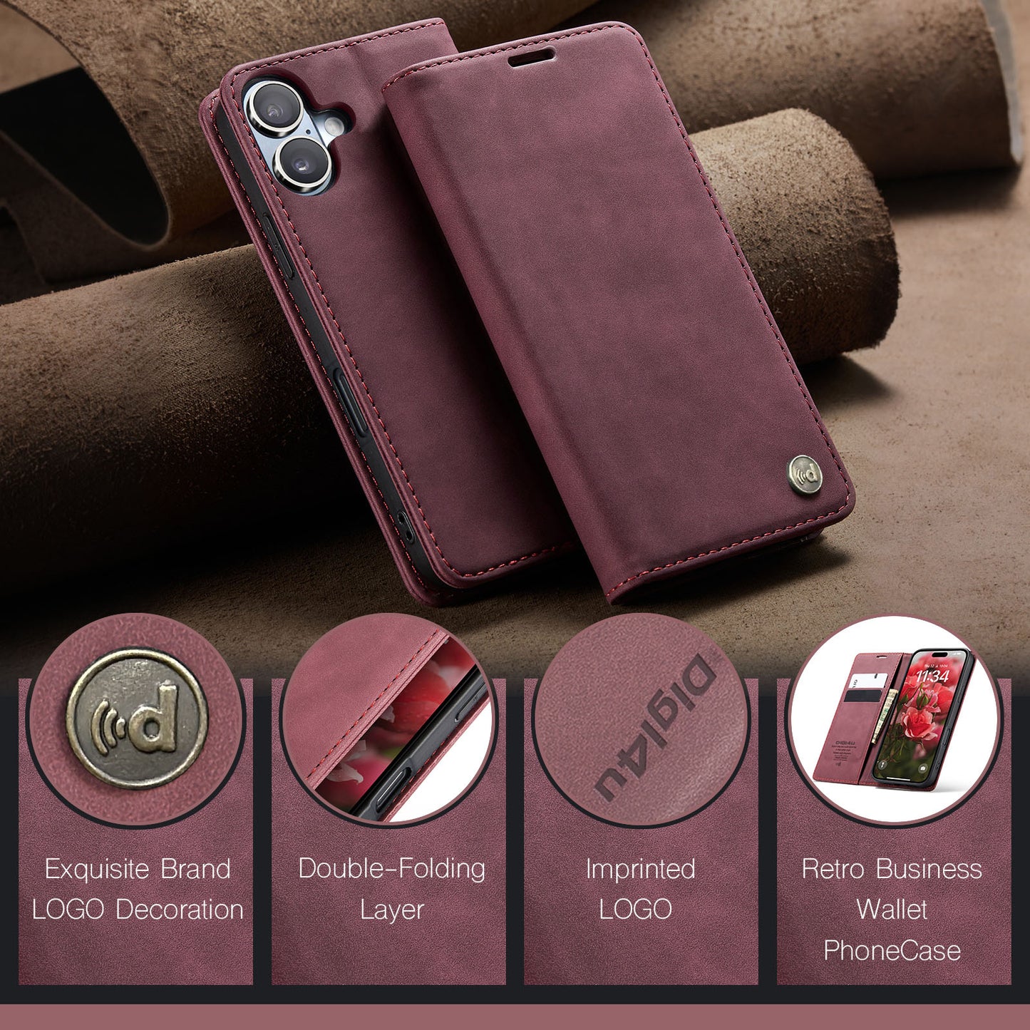 Upgraded Faux Leather Flip Cover Wallet Case For iPhone 16 Plus 16 Pro Max with Card Holder, Magnetic Closure, and Stand Function Phone Case