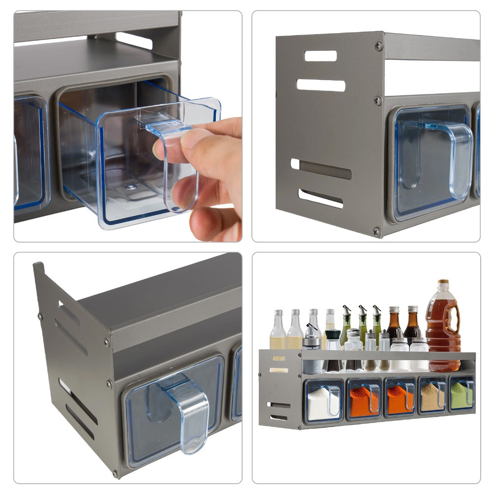 Five Grids Kitchen Spice Rack Organizer for The Wall, Pull-Out Shelf, Multifunctional Seasoning Container Set, Kitchen Storage.