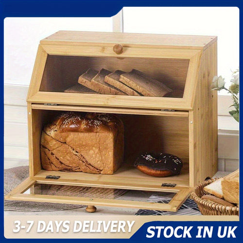 1 2-layer Bamboo Wooden Bread Box Kitchen Food Storage Box Bread Container Household Large Capacity Bread Storage Box 39x32x25cm