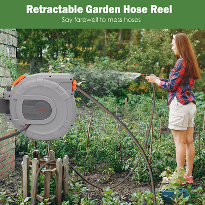 Hose Reel – Wall Mounted Hose Reels for Garden, Retractable, Auto Lock & Auto Rewind Pipe 180°, Includes Wall Fixings & Ready for Outdoor Use with Nozzle, Accessories, Grey