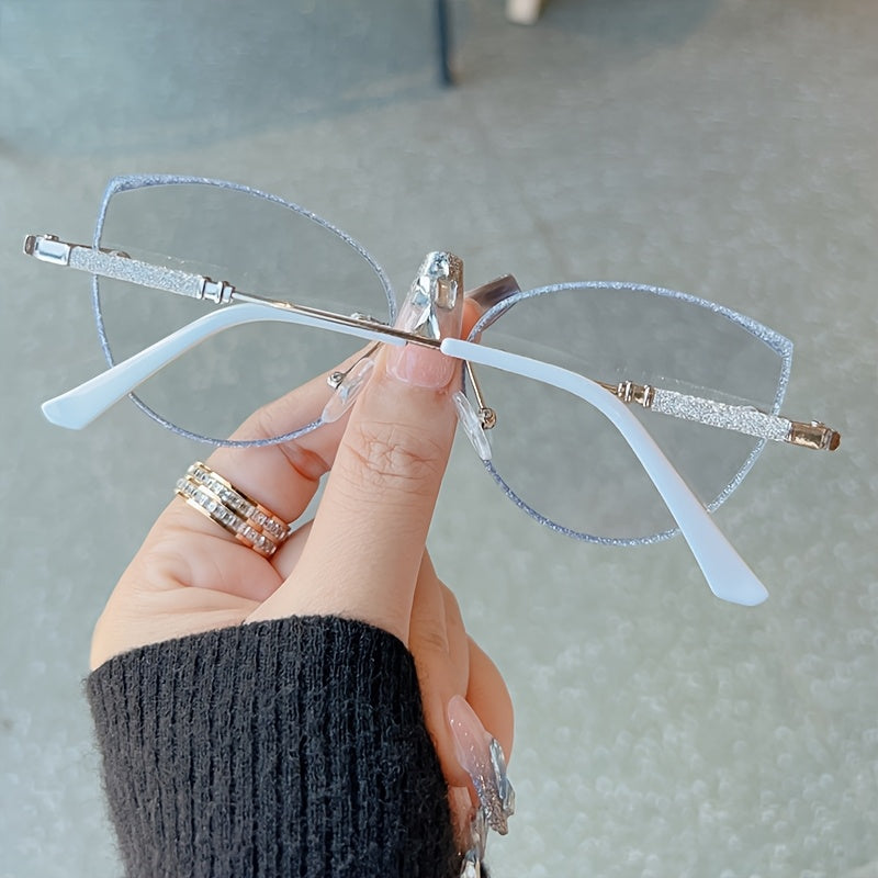 Fashion Cat Eye Frameless Light Sensitive Color Changing Women'S Model with Embedded Sequins Metal Frame Cat Eye Blue Light Transparent Lens Glasses