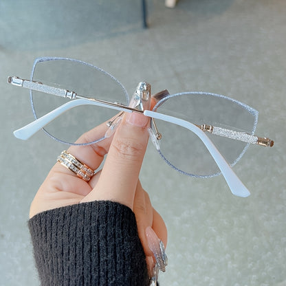 Fashion Cat Eye Frameless Light Sensitive Color Changing Women'S Model with Embedded Sequins Metal Frame Cat Eye Blue Light Transparent Lens Glasses