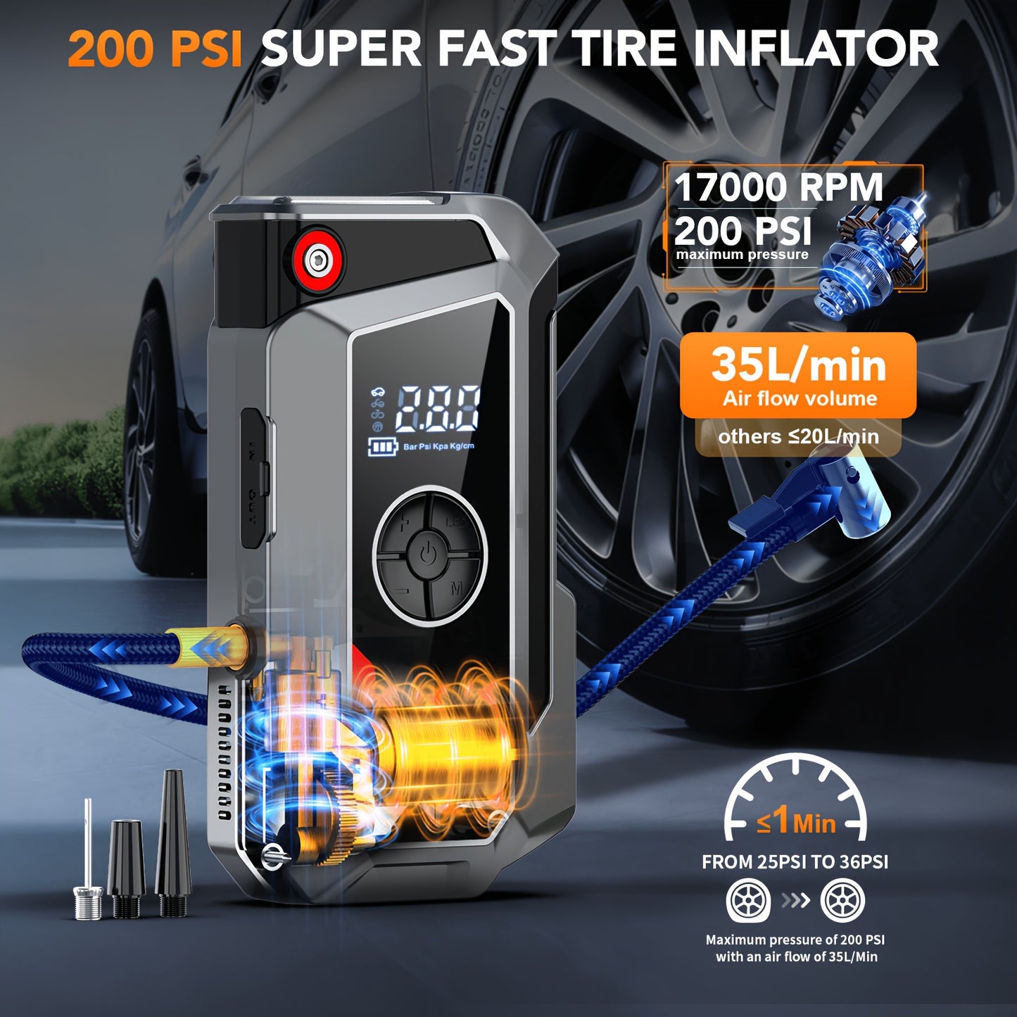 SHARMEAL 9000A/10000A Jump Starter with Air Compressor And Tire Inflator, 12V Power Bank, Battery Jump Pack, Jump Starter for Car Heavy Duty, 9-In-1 Multi-Function Power Pack for 10L Gas/All Diesel, Includes Nozzles And Additions
