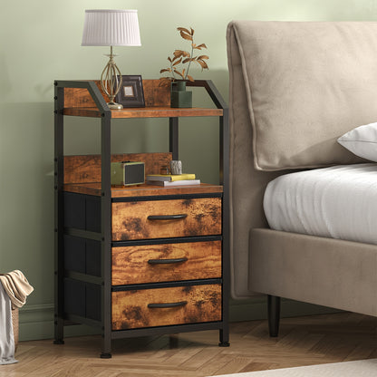 Industrial Rustic End Table with Storage - Nightstand with 3 Fabric Drawers & 2 Shelves, Wood & Metal Bedside Table Suitable for Bedroom, Living Room, Small Spaces - Assembly, Space-Saving