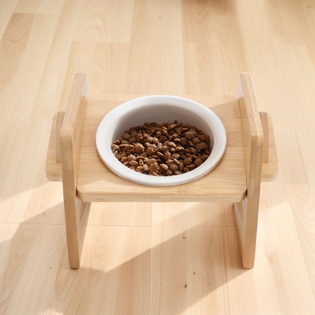 Raised Cat Bowl, Cat Bowls with Stand Tilted 15°, Adjustable Elevated Ceramic Cat Food Bowl for Cats and Small Dog, Adjustable Dog Bowl Stand - Raised Bamboo Stand with One, Two, or Three Ceramic Bowls for Feeding Small,Medium Sized Dogs, Cats,and Pets -