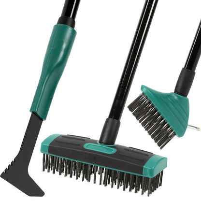 Taylor & Brown 4 in 1 Telescopic Weed Remover Brush Wire Head Paving Decking Clean Scrub Moss Weed Remover Tool Wire Brush Scraper Set with Metal Broom & Weed Removal Head Green