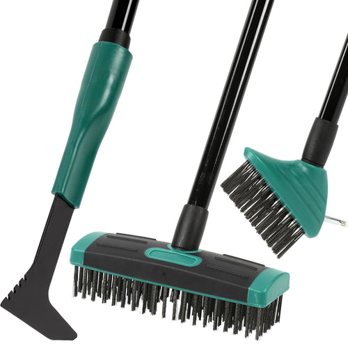 Taylor & Brown 4 in 1 Telescopic Weed Remover Brush Wire Head Paving Decking Clean Scrub Moss Weed Remover Tool Wire Brush Scraper Set with Metal Broom & Weed Removal Head Green