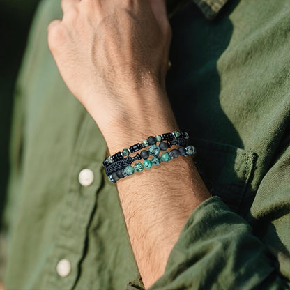 3pcs Set, Natural Stone Turquoise with Black Onyx Men's Bracelet - Stretchable Stackable Bohemian Style Beaded Bracelet, Suitable for Casual Wear / Party Occasions, Father's Day Valentine's Day Christmas Gift