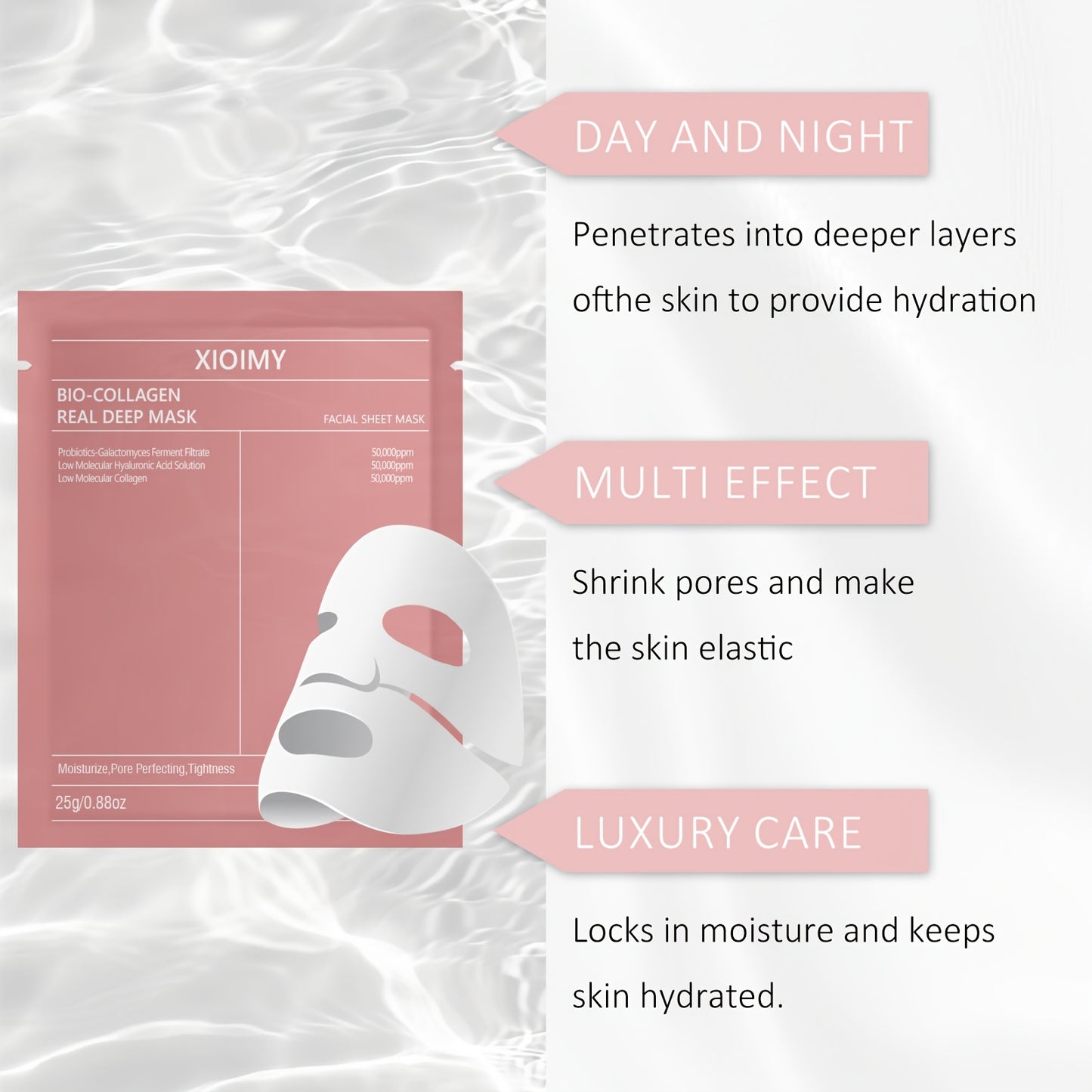 5pcs Collagen Powerful Moisturizing Facial Mask Deeply Hydrates Skin, Making Face More Moist, Delicate, And Bright. Rich in Collagen Acid, Bidding Farewell to Dry, Dull, And Loose Skin