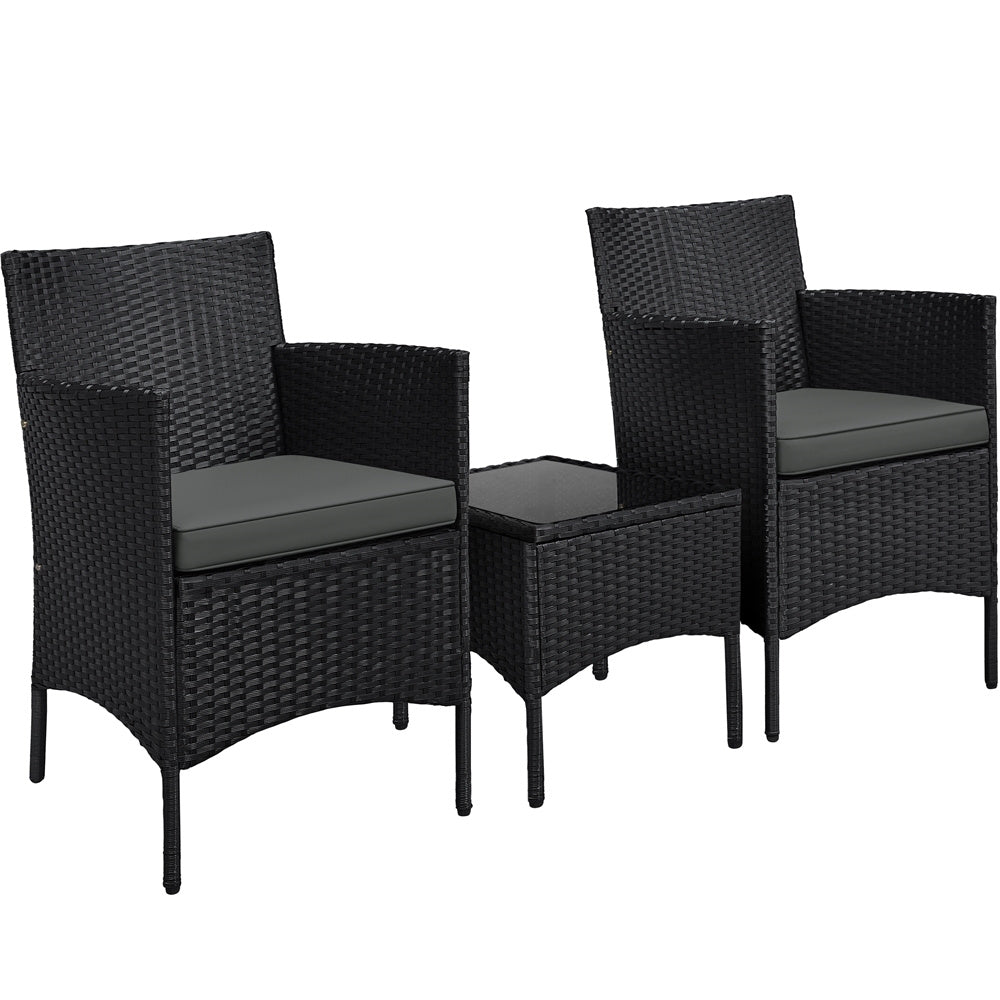 Costoffs Set of 3 Patio Table and Chairs, Outdoor Wicker Conversation Furniture Set, 2pcs Woven Rattan Chairs with Cushions and 1 Side Table