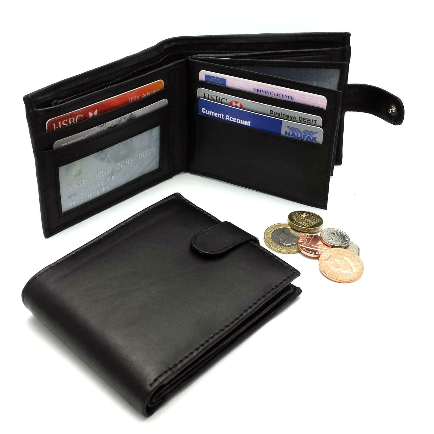 Mens Genuine Leather Wallet Black RFID Blocking Soft Tri Fold Card Slots Id Window and Coin Pocket