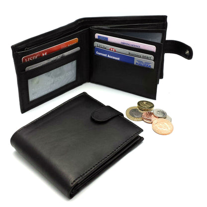 Mens Genuine Leather Wallet Black RFID Blocking Soft Tri Fold Card Slots Id Window and Coin Pocket