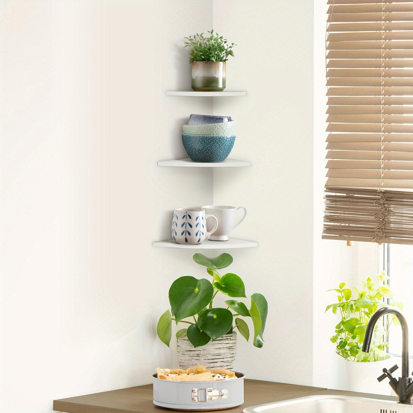 Fan- Shape White Corner Shelf, Wall Mount Floating Corner Shelf, Storage Shelves, Bookshelf, Display Racks for Home/ Office Decoration 3pcs/ set