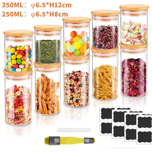 10pcs Set of Glass Storage Jars with Bamboo LIDS, 5 350ML And 5 250ML Glass Jars, Including 16 Labels, a Pen And a Weighing Spoon. Kitchen Glass Airtight Jars, Storage Containers for Spices, Tea, Coffee Beans, Sugar, Biscuits And Food
