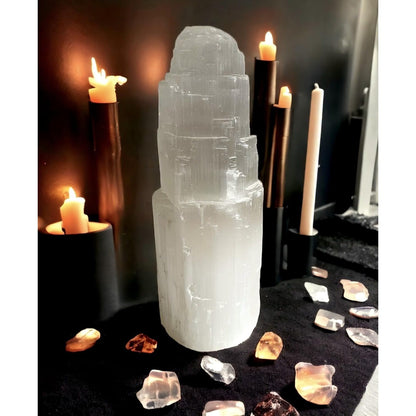 Selenite Mountain Pillars Handmade White Natural Raw Crystal Tower Healing Energy Mineral Meditation Charging Selenite Crystal Table Decorative Pillar Chakra Spiritual Gift Decorative