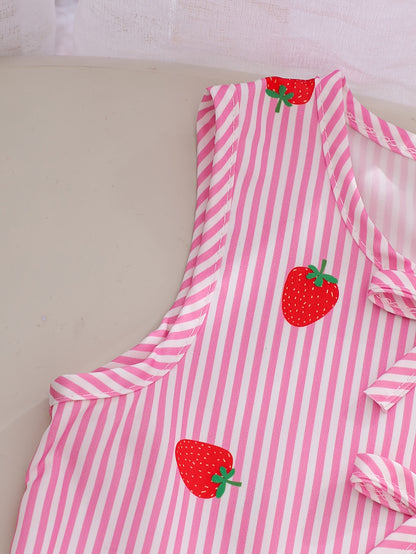 A Two-Piece Set. A Tank Top And Shorts Outfit Featuring Strawberry Prints, Striped Patterns, Bow Decorations, And a Ruffled Hem Design. This Is a Casual Summer Outfit for Girls. It Makes a Great Gift for Girls' Clothing. Suitable for Outdoor Wear
