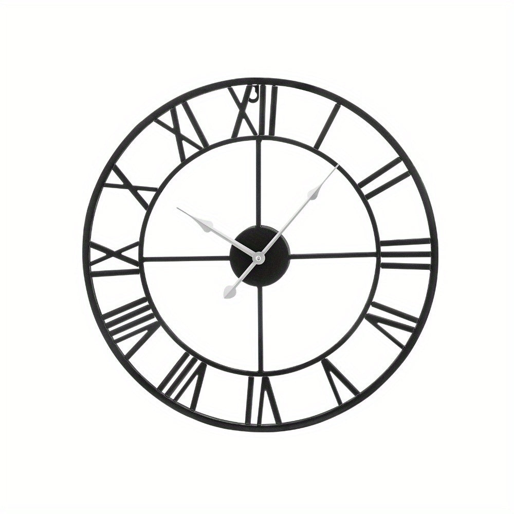 Vintage Large Wall Clock 60CM Vintage Black Round Metal Silent Non ticking Battery Operated Clock Skeleton Roman Numerals Hanging Clock for Living Room Bedroom Kitchen