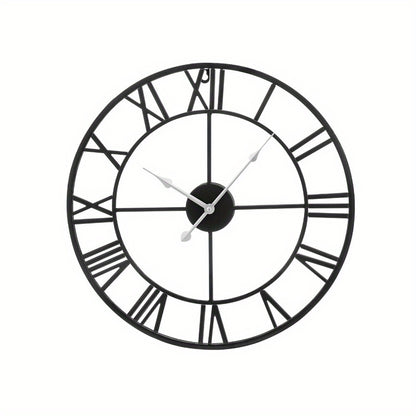 Vintage Large Wall Clock 60CM Vintage Black Round Metal Silent Non ticking Battery Operated Clock Skeleton Roman Numerals Hanging Clock for Living Room Bedroom Kitchen