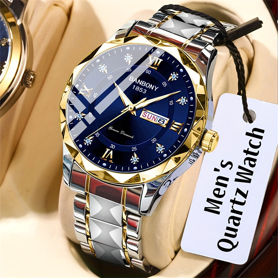 1 New Stainless Steel Men'S Quartz Watch with Roman Numerals, Rhinestone Dial, Date Calendar, Trendy Minimalist Luxury Brand, Luminous Sports Casual Business Multi-Functional Watch - Ideal Birthday Gift and Holiday Present, Elegant Watch For Men, Watch Fo