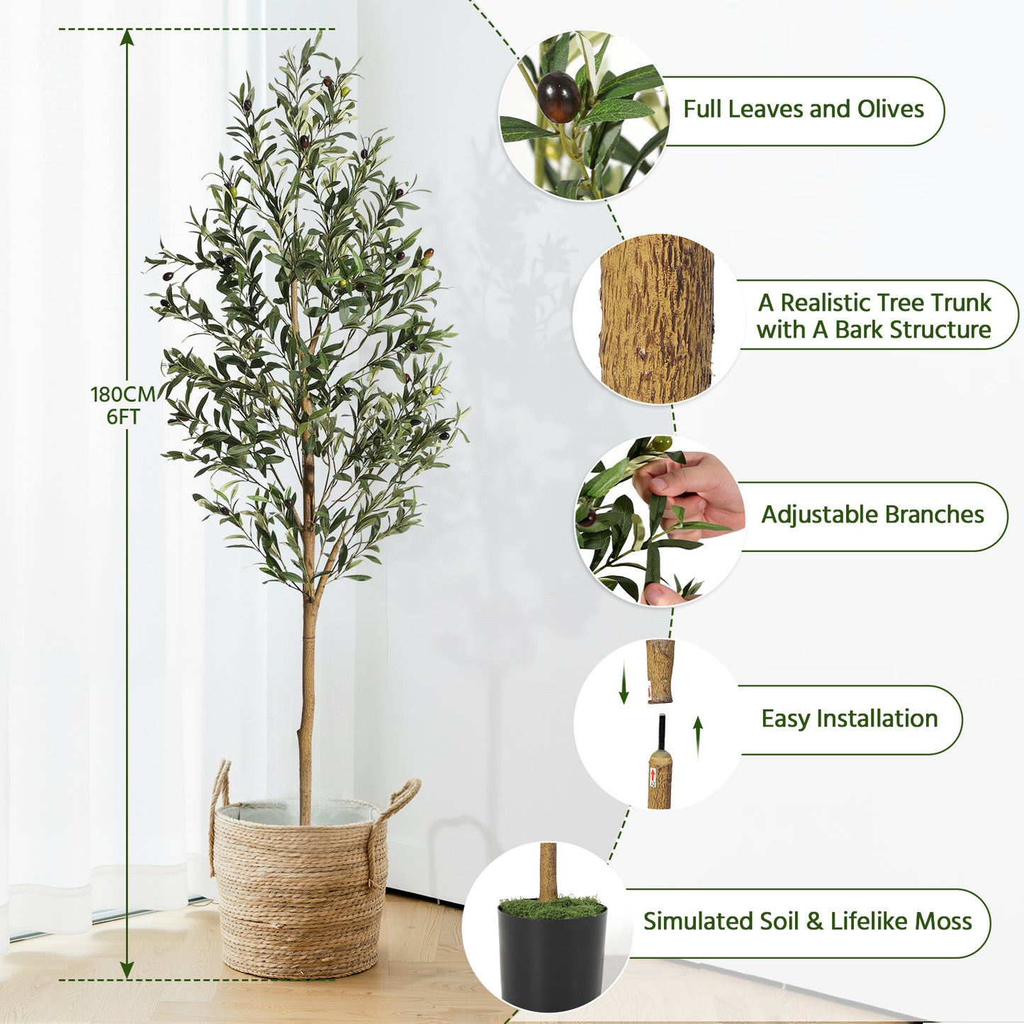 6FT/180cm Artificial Olive Tree Artificial Plant Large Artificial Plant Decoration Indoor Outdoor Home Office Kitchen Living Room Patio Garden Modern Decoration Best for Promotional Housewarming Halloween, Christmas Gift for Keeping Birds and Cats and Oth