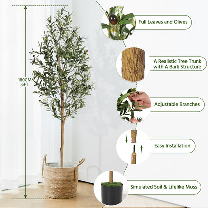 6FT/180cm Artificial Olive Tree Artificial Plant Large Artificial Plant Decoration Indoor Outdoor Home Office Kitchen Living Room Patio Garden Modern Decoration Best for Promotional Housewarming Halloween, Christmas Gift for Keeping Birds and Cats and Oth