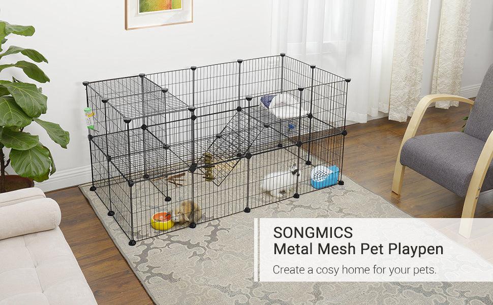 2-Floor Metal Pet Playpen, 36 Grid Panels, Customisable Cage Enclosure for Small Animals, Guinea Pigs Hamster Runs, Rabbit Hutches, Includes Mallet, Indoor, 143 x 73 x 71 cm, White/Black
