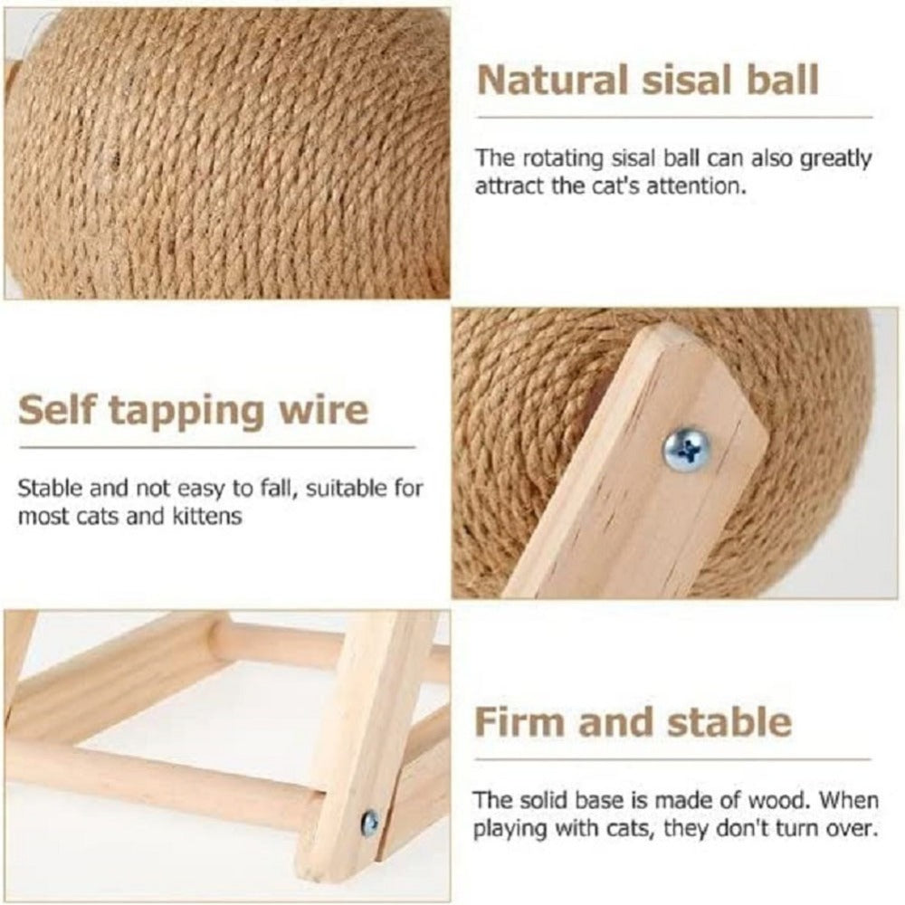 Sisal Ball Cat Scratching Board with Rotating Ball & Cat Hole | Natural Wood Triangular Cat Scratcher | Wear-Resistant Interactive Boredom Relief Toy for Cats | 18x18x16cm