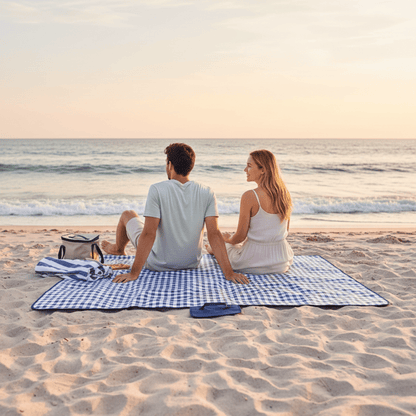 Waterproof Picnic Blanket 200x140cm | Large Foldable Outdoor Mat with Carry Handle – Blue Gingham