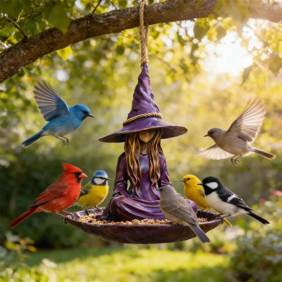 1pc Meditating Witch Garden Bird Feeder, Purple Resin Witch Hat Design with Rope Hanger, Outdoor Garden Decor