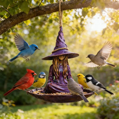 1pc Meditating Witch Garden Bird Feeder, Purple Resin Witch Hat Design with Rope Hanger, Outdoor Garden Decor