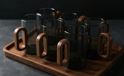6pcs Glass Water Cups with Wooden Handle, 360mL Smoky Blue Drinking Glasses for Tea, Coffee & Cold Beverages, Modern Household Living Room Cups