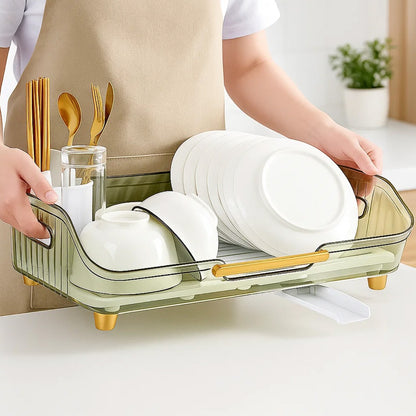 1pc Dish Drying Rack with Handle & Drainboard - Space-Saving Compact Design with Utensil Holder, Durable Plastic Construction, Easy to Clean & Move - Over Sink or Countertop Use for Small Kitchens, Apartments, RVs - Modern White & Golden Kitchen Organizer