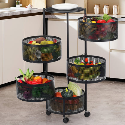 5-Tier Round Vegetable Storage Rack Black Metal Wire Basket with Wheels, Space-Saving Organizer, Shelf Baskets