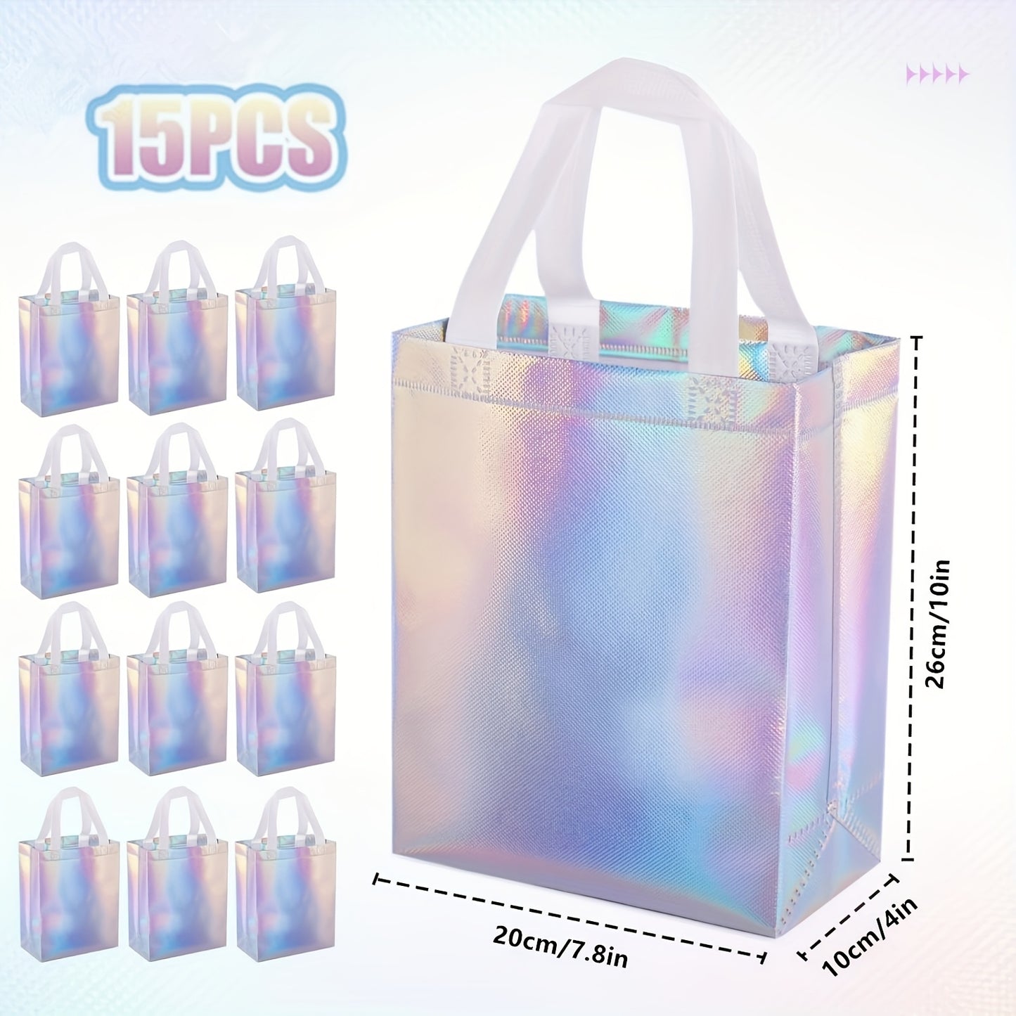 Gift For Her/Him Set of 15 Shimmering Holographic Bags Featuring Handles - Medium-Sized Tote Bags Ideal for Birthdays, Celebrations, Weddings, And Christmas - Vibrant Rainbow Sparkle Pattern, Sturdy Non-Woven Fabric