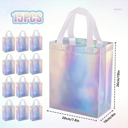 Gift For Her/Him Set of 15 Shimmering Holographic Bags Featuring Handles - Medium-Sized Tote Bags Ideal for Birthdays, Celebrations, Weddings, And Christmas - Vibrant Rainbow Sparkle Pattern, Sturdy Non-Woven Fabric