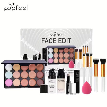 POPFEEL Full Face Makeup Kit, includes facial editing palette - waterproof, sweatproof, long-lasting full coverage, 12-in-1 multi-functional palette containing primer, foundation, concealer, setting powder, blush, contour, highlighter, bronzer, eyeshadow,