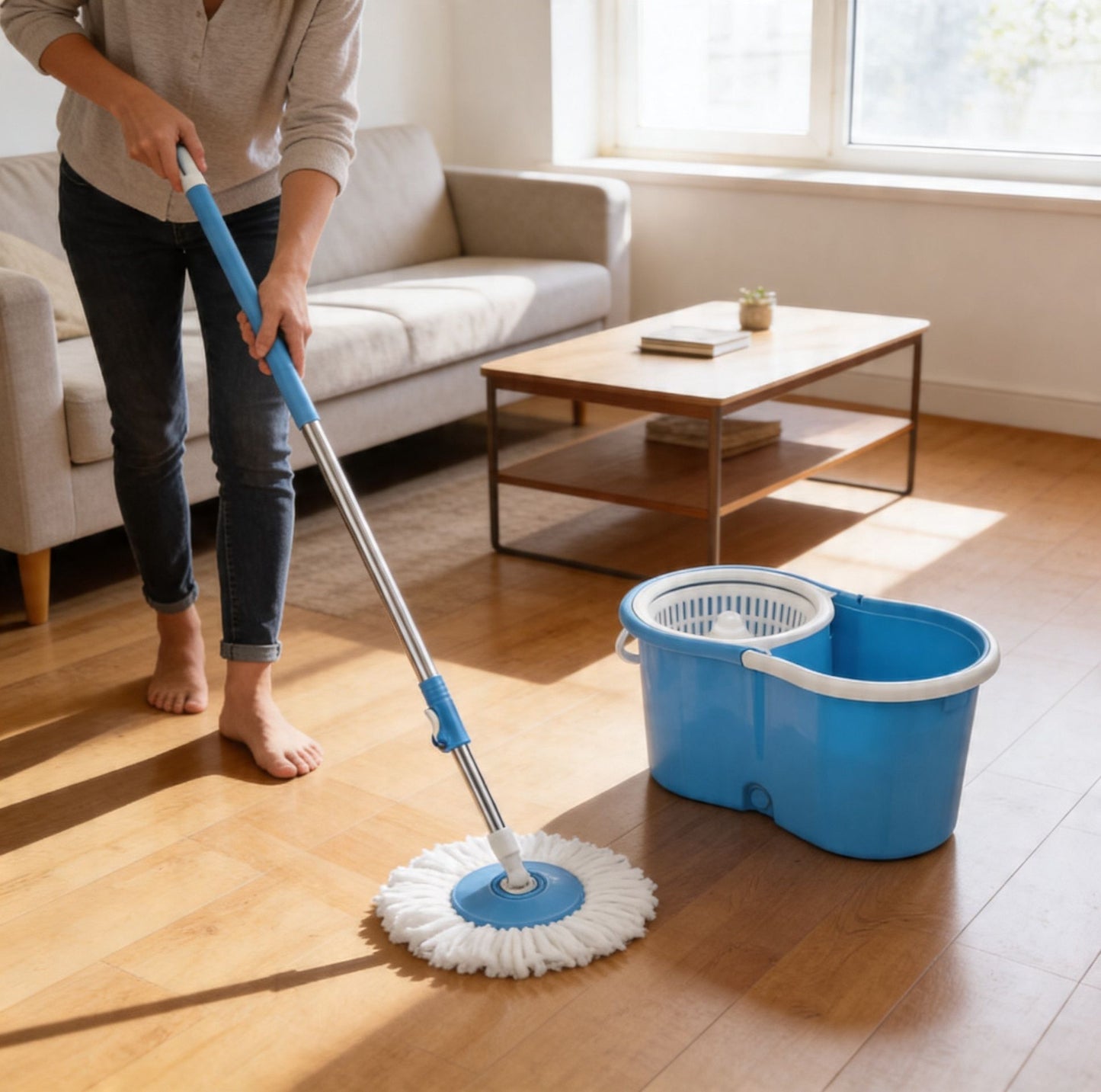 360° Spin Mop and Bucket Set with Wringer, Easy Wring Floor Cleaning Mop with 2 Reusable Microfiber Head for Household Living Room Bedroom Bathroom Toilet