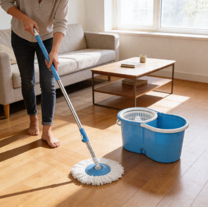360° Spin Mop and Bucket Set with Wringer, Easy Wring Floor Cleaning Mop with 2 Reusable Microfiber Head for Household Living Room Bedroom Bathroom Toilet