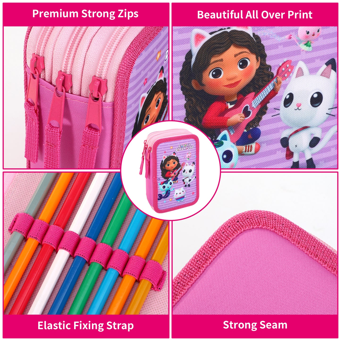 Gabby's Dollhouse 3 Tier Large Pencil Case Multi Compartment School Supplies Stationery Colouring Pens Pencils Sets