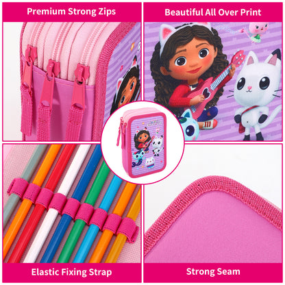 Gabby's Dollhouse 3 Tier Large Pencil Case Multi Compartment School Supplies Stationery Colouring Pens Pencils Sets