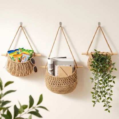 Boho Chic 3-Tier Wall Hanging Storage Basket - Handwoven Rope Organizer for Fruits, Vegetables & More - Easy Install, Versatile Home Decor, Storage Basket