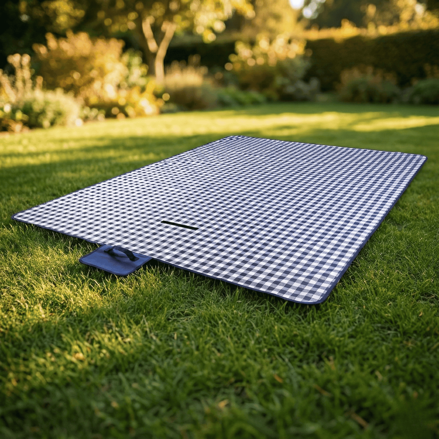 Waterproof Picnic Blanket 200x140cm | Large Foldable Outdoor Mat with Carry Handle – Blue Gingham