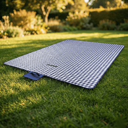 Waterproof Picnic Blanket 200x140cm | Large Foldable Outdoor Mat with Carry Handle – Blue Gingham