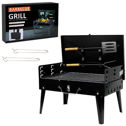 Portable BBQ Charcoal Grill - Folding Small Travel BBQ Grill with Tool Set - Mini Foldable Steel BBQ Grill for Camping, Garden, Picnic, Outdoor - Black